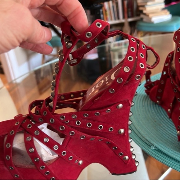INTEREST CHECK Dior Red Suede Studded Platform Heels - Picture 4 of 7